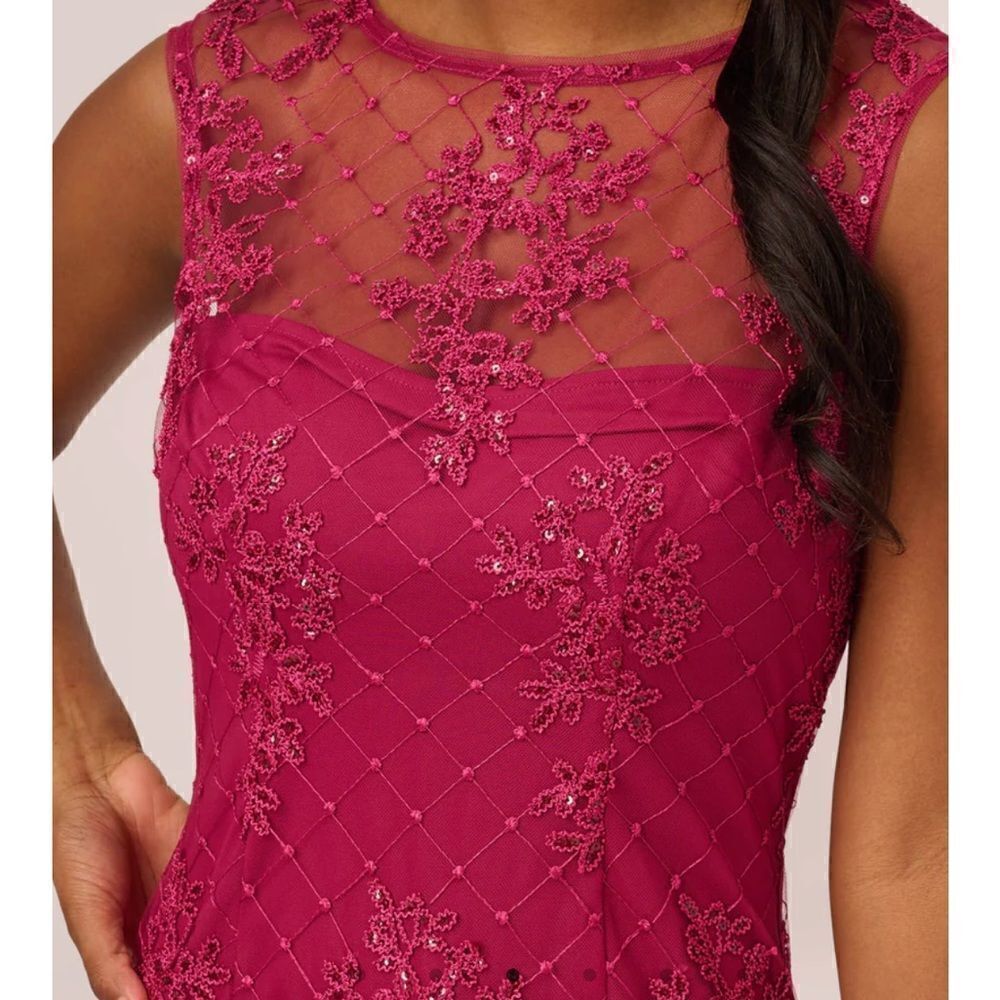 Adrianna Papell Sequin Embroidered Sheath Dress With Sheer Neckline, Pink, 4 NWT - Picture 3 of 14